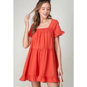 Lumiere Picking Petals Mini Flare Orange Flowy Boho Ruffled Tiered Dress Medium